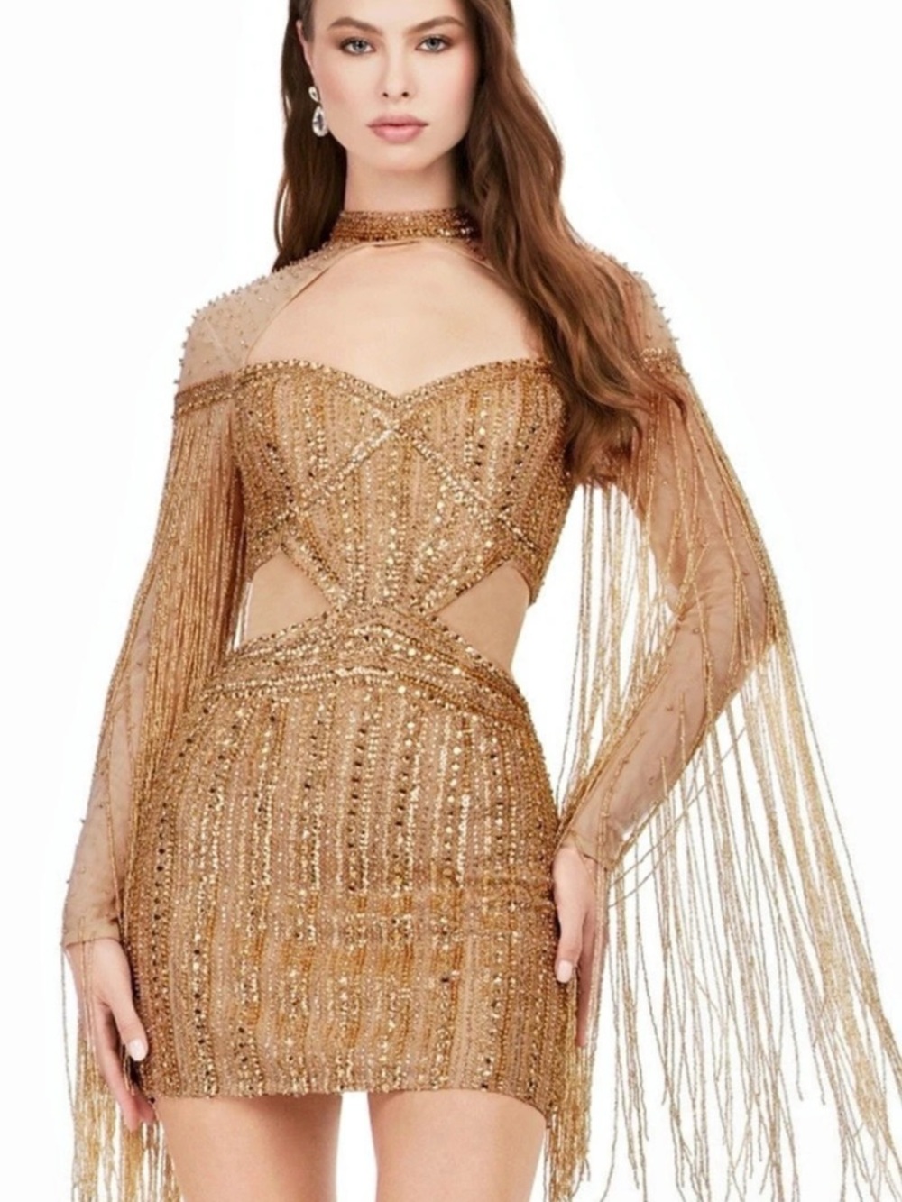 734. Ashley Lauren  Beaded Fringe Mini Dress in Gold NWT
